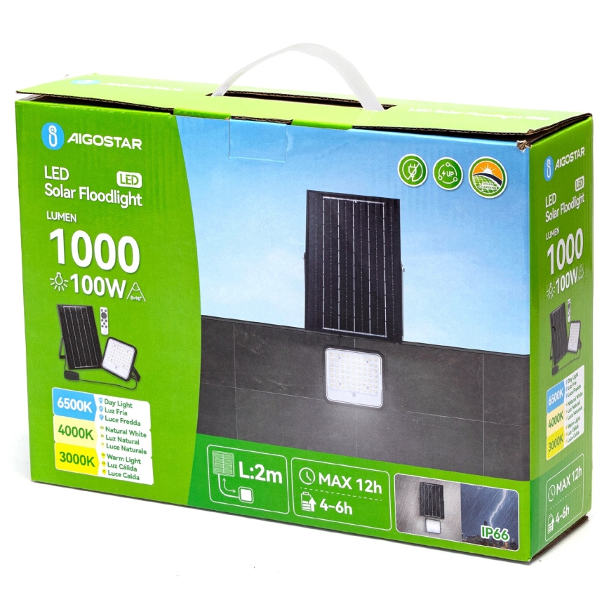 Aigostar - Ρυθμιζόμενος ηλιακός προβολέας LED/100W/3,4V 3000/4000/6500K IP66 8000 mAh + τηλεχειριστήριο