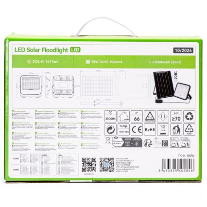 Aigostar - Ρυθμιζόμενος ηλιακός προβολέας LED/100W/3,4V 3000/4000/6500K IP66 8000 mAh + τηλεχειριστήριο