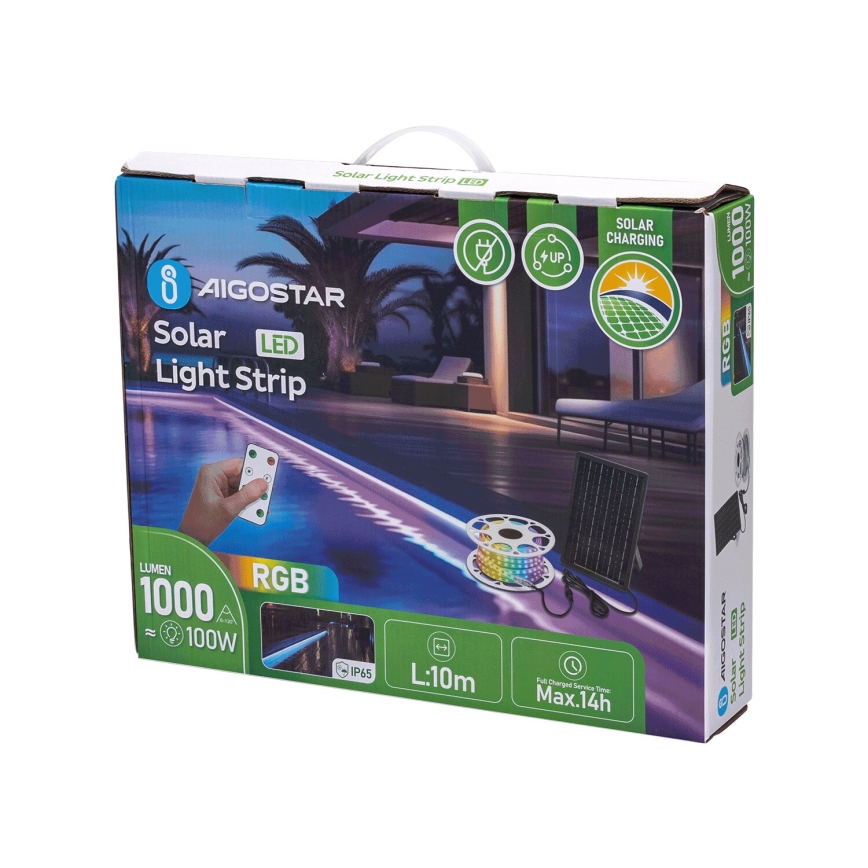 Aigostar - Ρυθμιζόμενη LED RGB ηλιακή λωρίδα LED/10W/3,2V 10 μ. IP65 8000 mAh + τηλεχειριστήριο