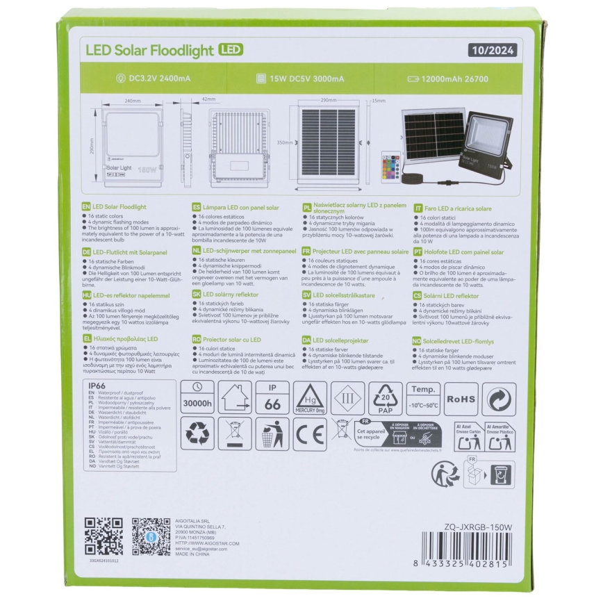 Aigostar - LED RGB Ρυθμιζόμενος ηλιακός προβολέας LED/150W/3,2V IP66 12000 mAh + τηλεχειριστήριο