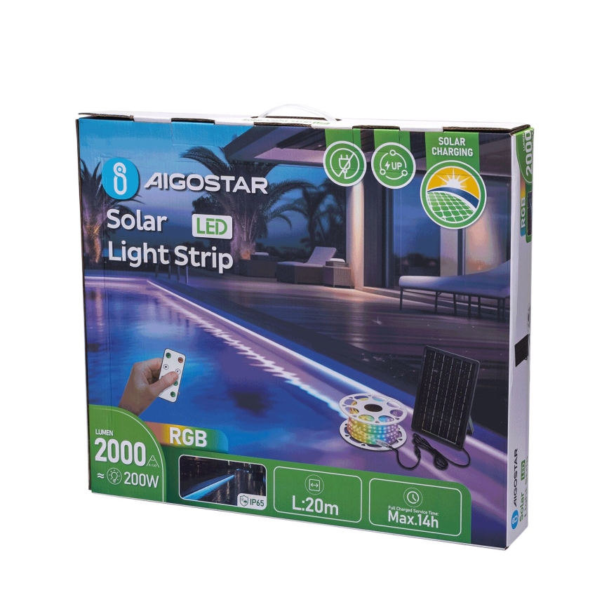 Aigostar - Ρυθμιζόμενη LED RGB ηλιακή λωρίδα LED/20W/3,2V 20 μ. IP65 20000 mAh + τηλεχειριστήριο