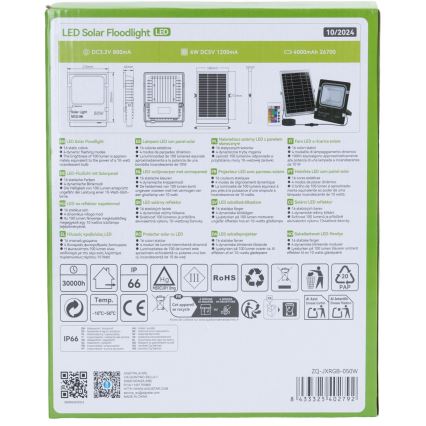 Aigostar - LED RGB Ρυθμιζόμενος ηλιακός προβολέας LED/50W/3,2V IP66 4000 mAh + τηλεχειριστήριο