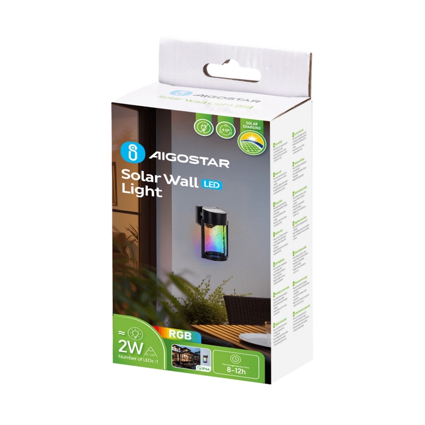 Aigostar - LED RGB Ηλιακό Επιτοίχιο Φωτιστικό LED/2W/1,2V 300 mAh μαύρο IP44