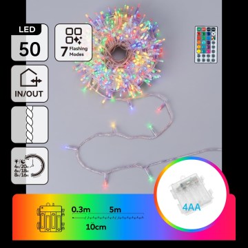 Aigostar - LED RGB εξωτερικά χριστουγεννιάτικα φωτάκια 50xLED / 7 λειτουργίες, 4xAA, 5,3m, IP44 πολύχρωμα + τηλεχειριστήριο