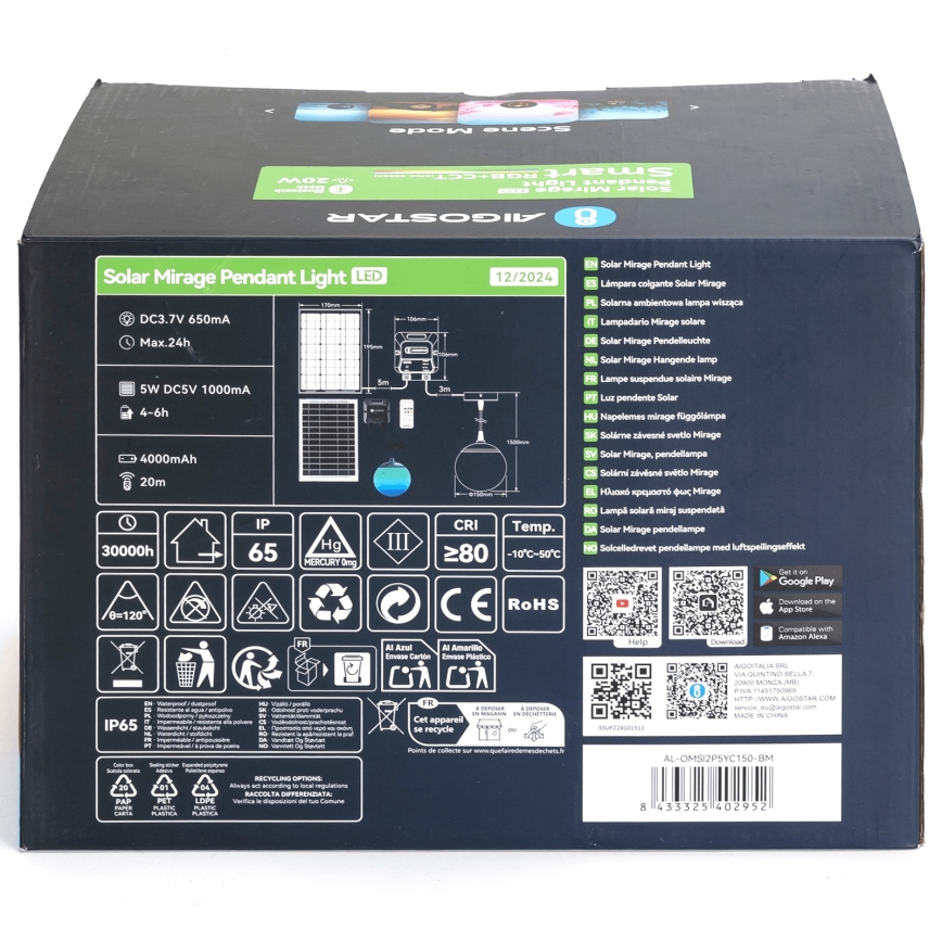 Aigostar - LED RGB Dimming ηλιακό κρεμαστό φωτιστικό οροφής MESH LED/20W/3,7V 4000 mAh 2700K-6500K IP65 διάμετρος 15 cm