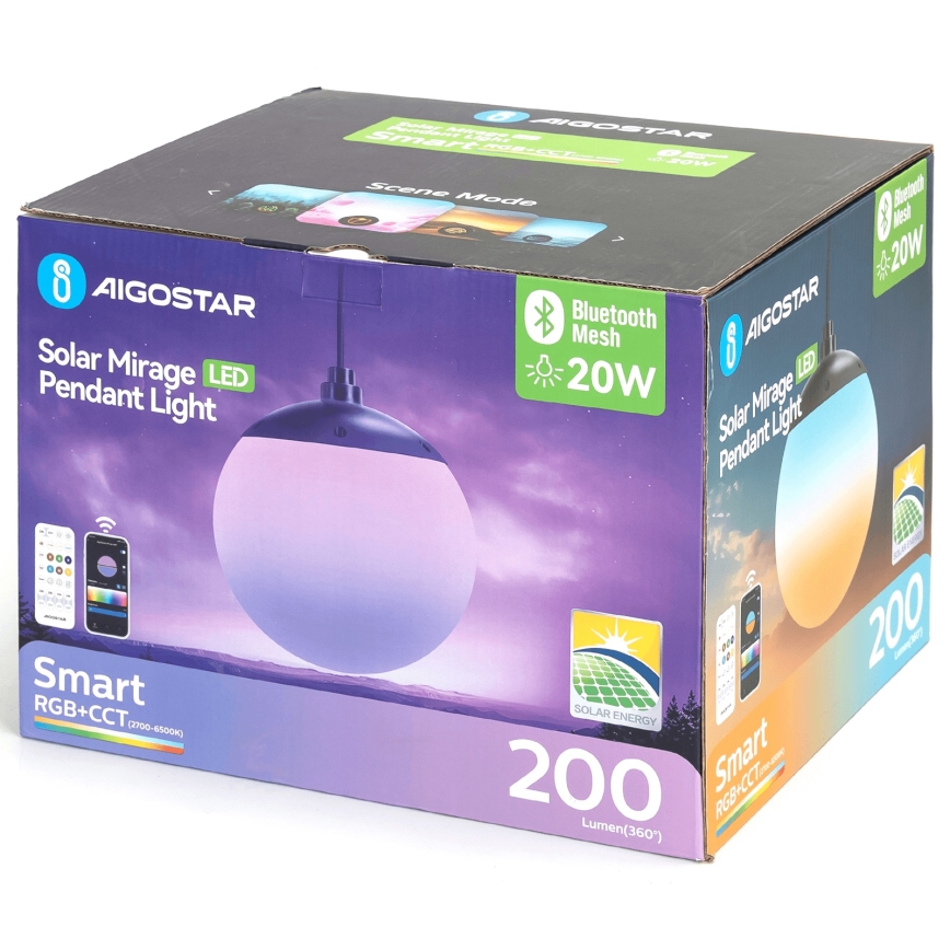 Aigostar - LED RGB Dimming ηλιακό κρεμαστό φωτιστικό οροφής MESH LED/20W/3,7V 4000 mAh 2700K-6500K IP65 διάμετρος 20 cm