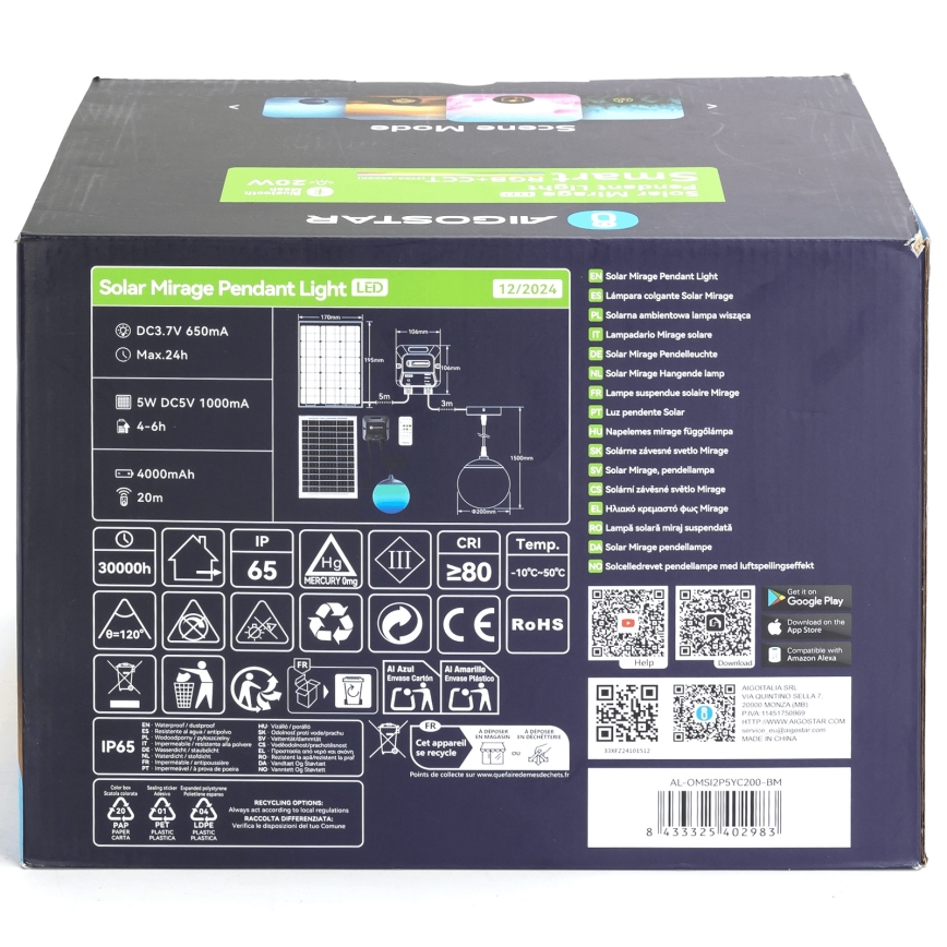 Aigostar - LED RGB Dimming ηλιακό κρεμαστό φωτιστικό οροφής MESH LED/20W/3,7V 4000 mAh 2700K-6500K IP65 διάμετρος 20 cm
