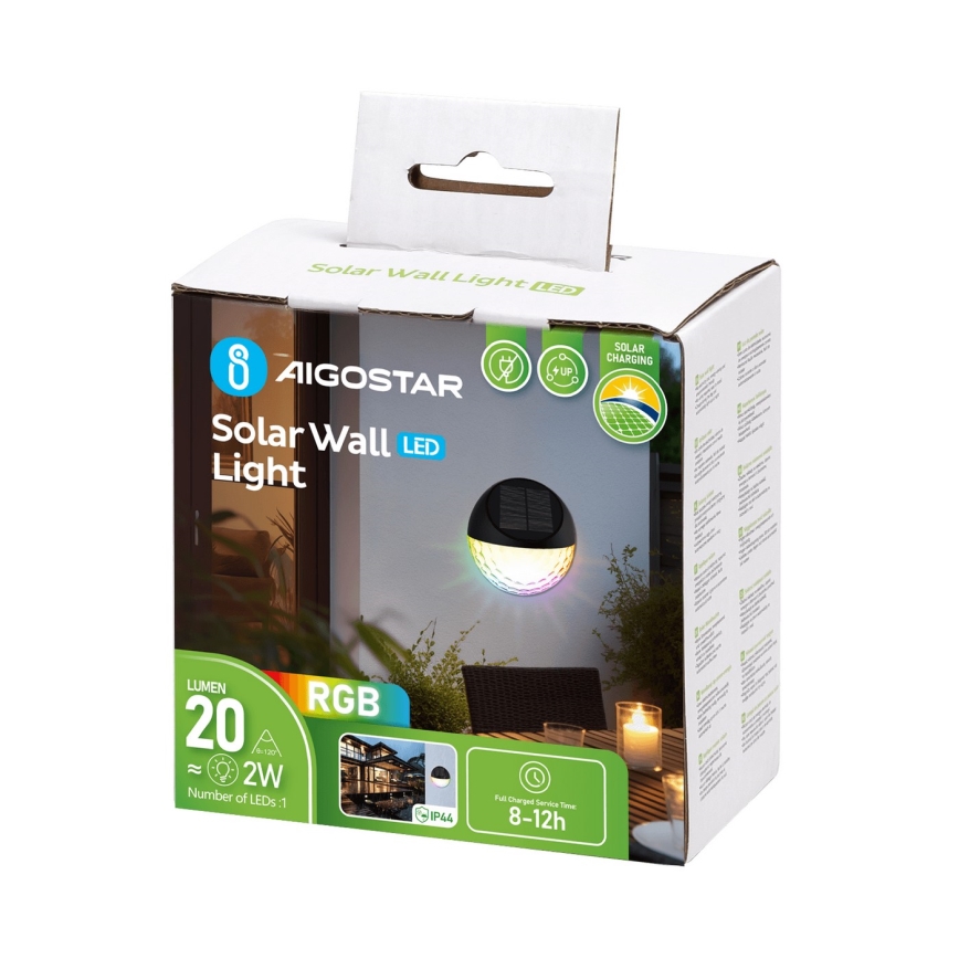 Aigostar - LED RGB Ηλιακό φωτιστικό τοίχου LED/2W/1,2V 300 mAh μαύρο IP44