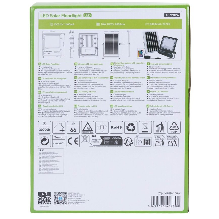 Aigostar - LED RGB Ηλιακός προβολέας Dimmable LED/100W/3,2V IP66 + τηλεχειριστήριο