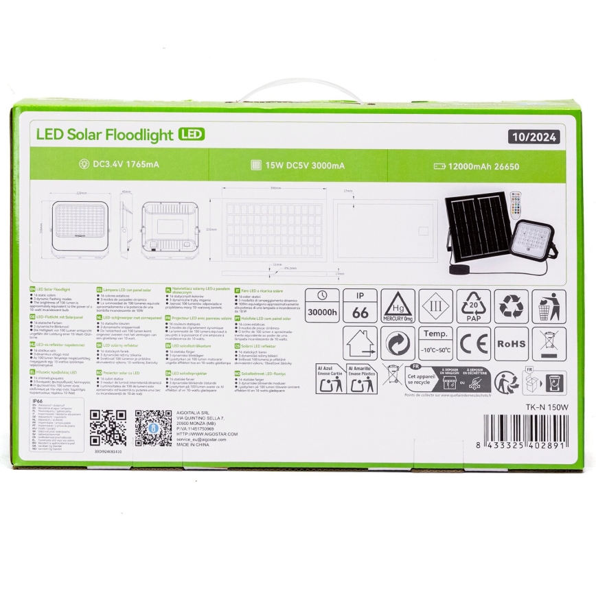 Aigostar - Ρυθμιζόμενος ηλιακός προβολέας LED RGBW LED/150W/3,4V IP66 12000 mAh + τηλεχειριστήριο