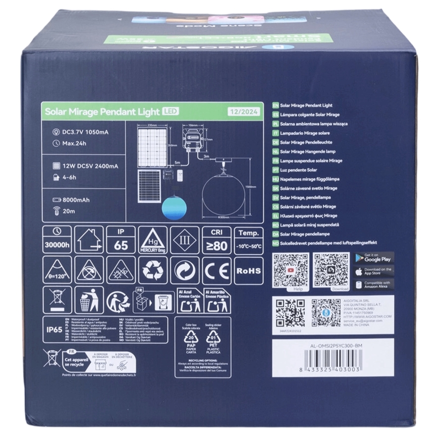 Aigostar - LED RGBW Dimming ηλιακό κρεμαστό φωτιστικό οροφής MESH LED/5W/3,7V 8000 mAh 2700K-6500K IP65 διάμετρος 30 cm