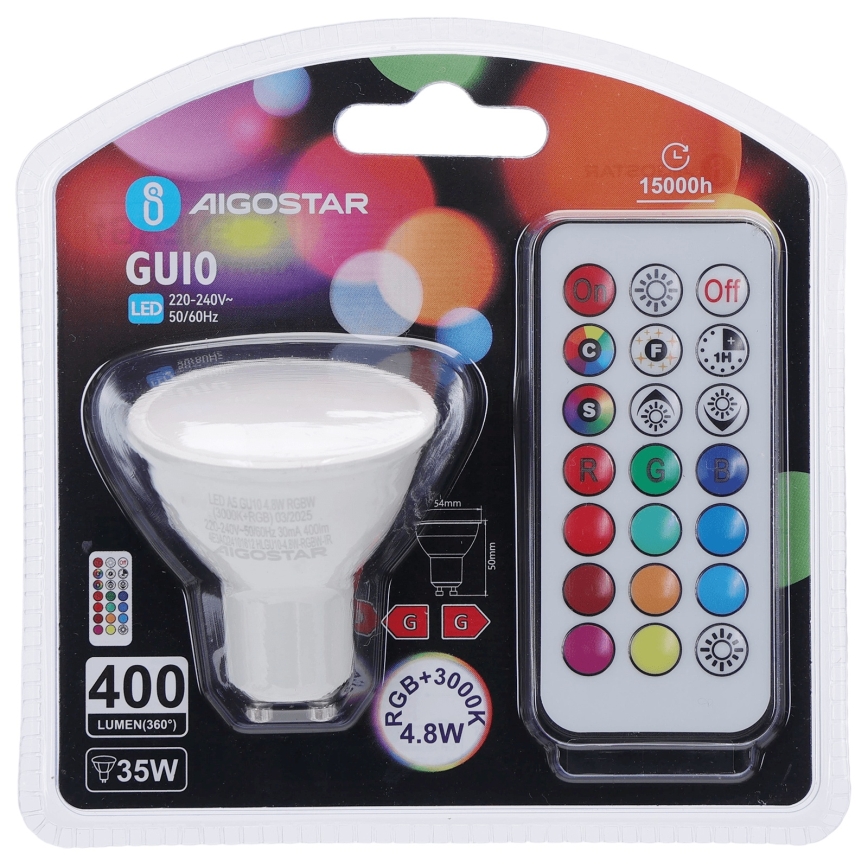 Aigostar - LED RGBW ρυθμιζόμενη λάμπα GU10/4,8W/230V 3000K + τηλεχειριστήριο