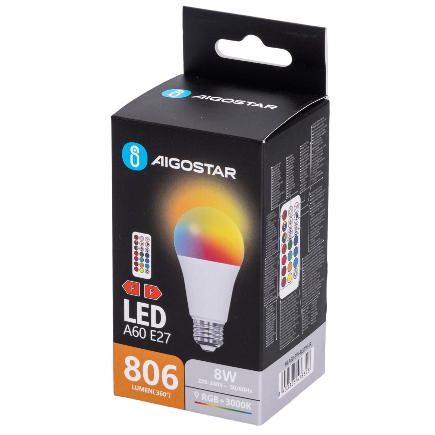 Aigostar - LED RGBW ρυθμιζόμενη λάμπα A60 E27/8W/230V 3000K + τηλεχειριστήριο