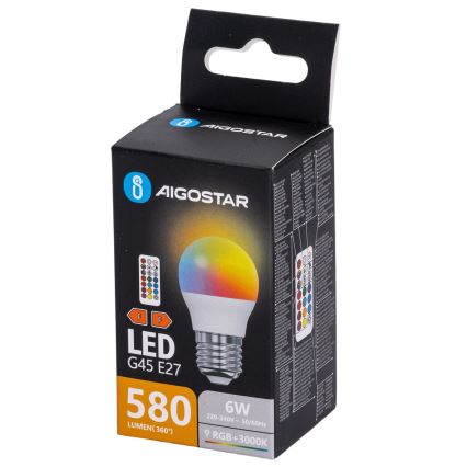 Aigostar - LED RGBW ρυθμιζόμενη λάμπα G45 E27/6W/230V 3000K + τηλεχειριστήριο