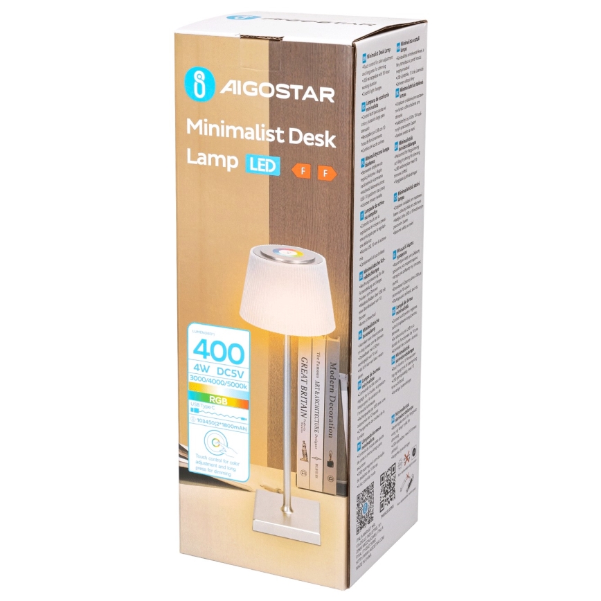 Aigostar - LED RGBW Dimmable επαναφορτιζόμενο επιτραπέζιο φωτιστικό εξωτερικού χώρου LED/4W/5V 3600mAh λευκό/ματ χρώμιο IP54