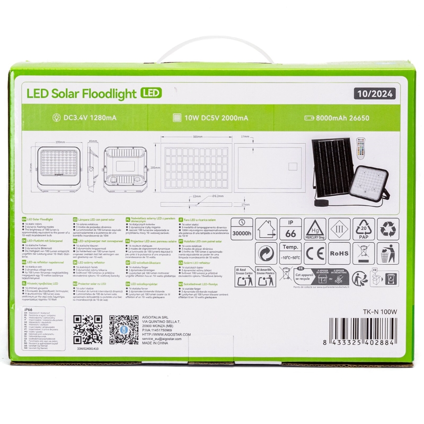 Aigostar - LED RGBW Ηλιακός προβολέας Dimmable LED/100W/3,4V IP66 + τηλεχειριστήριο