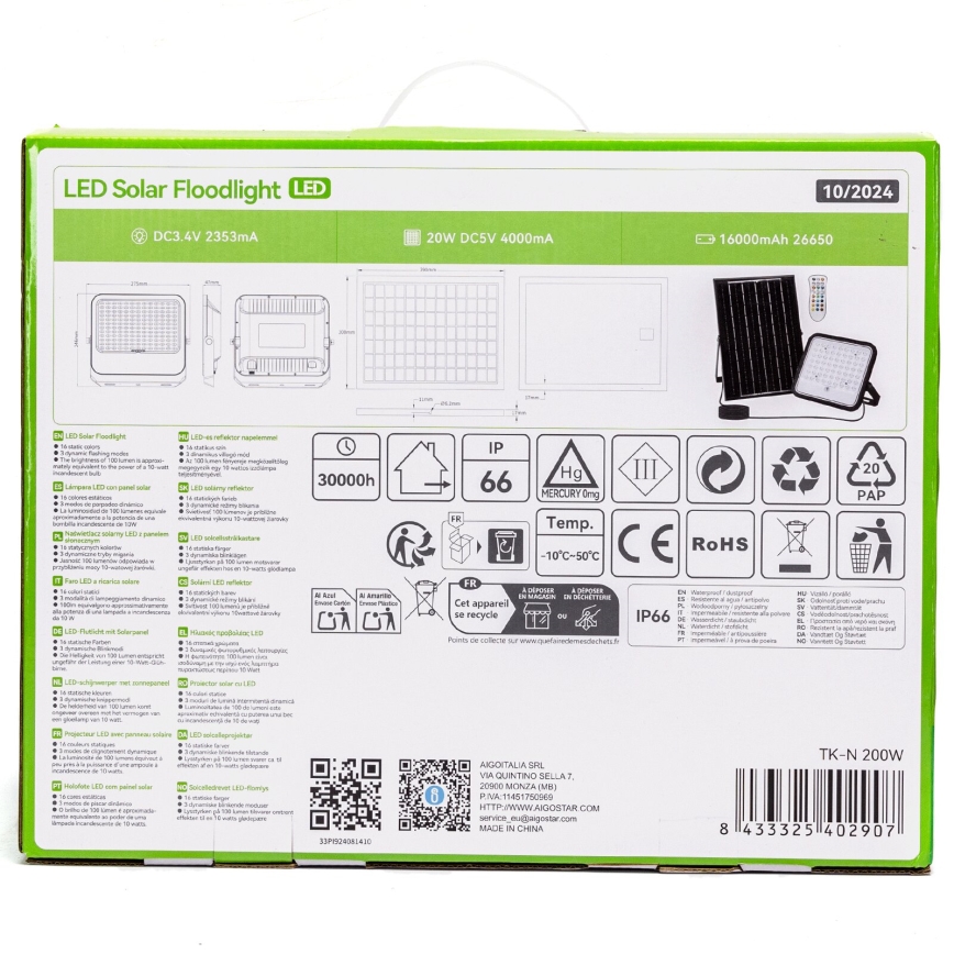 Aigostar - LED RGBW Ηλιακός προβολέας Dimmable LED/200W/3,4V IP66 + τηλεχειριστήριο
