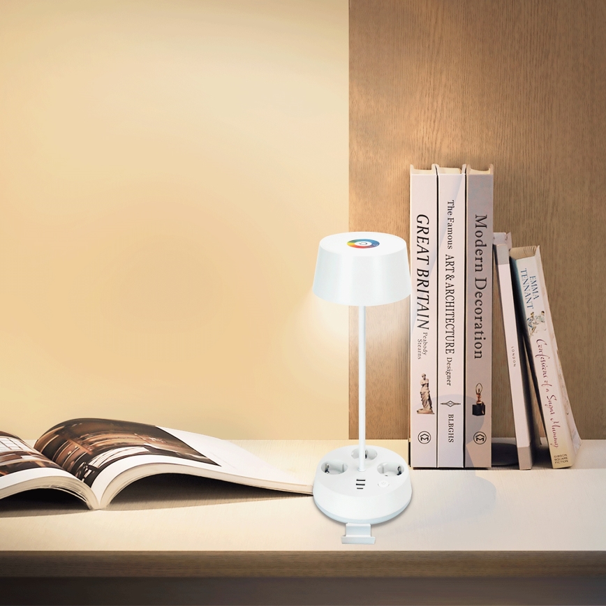 Aigostar - LED RGBW Ρυθμιζόμενο επιτραπέζιο φωτιστικό με πρίζες και θύρα USB LED/4,6W/230V 3000/4000/6500K λευκό