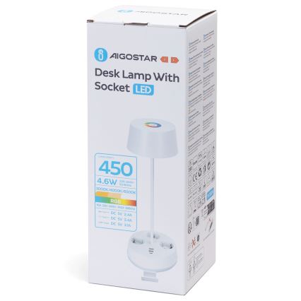 Aigostar - LED RGBW Ρυθμιζόμενο επιτραπέζιο φωτιστικό με πρίζες και θύρα USB LED/4,6W/230V 3000/4000/6500K λευκό
