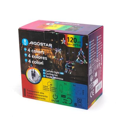 Aigostar - LED RGBY Εξωτερική χριστουγεννιάτικη γιρλάντα 120xLED/8 λειτουργίες 3x0,6m IP44 πολύχρωμη + τηλεχειριστήριο