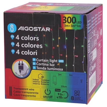 Aigostar - LED RGBY εξωτερική γιρλάντα 300xLED/8 λειτουργίες 3x1m IP44 + τηλεχειριστήριο