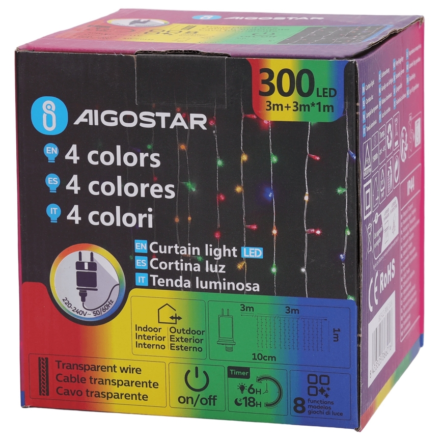 Aigostar - LED RGBY εξωτερική γιρλάντα 300xLED/8 λειτουργίες 3x1m IP44 + τηλεχειριστήριο