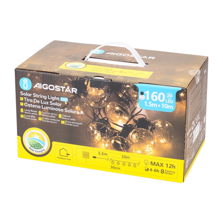 Aigostar - LED Solar Χριστουγεννιάτικα λαμπάκια 20xLED/8 λειτουργίες 11,5m IP65 θερμό λευκό