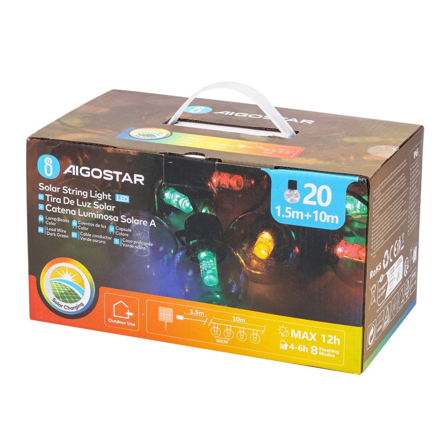 Aigostar - LED Solar Χριστουγεννιάτικα λαμπάκια 20xLED/8 λειτουργίες 11,5m IP65 πολύχρωμα