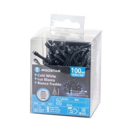 Aigostar - LED γιρλάντα εξωτερικού χώρου 100xLED/8 λειτουργίες 3xAA 5,3 m IP44 ψυχρό λευκό