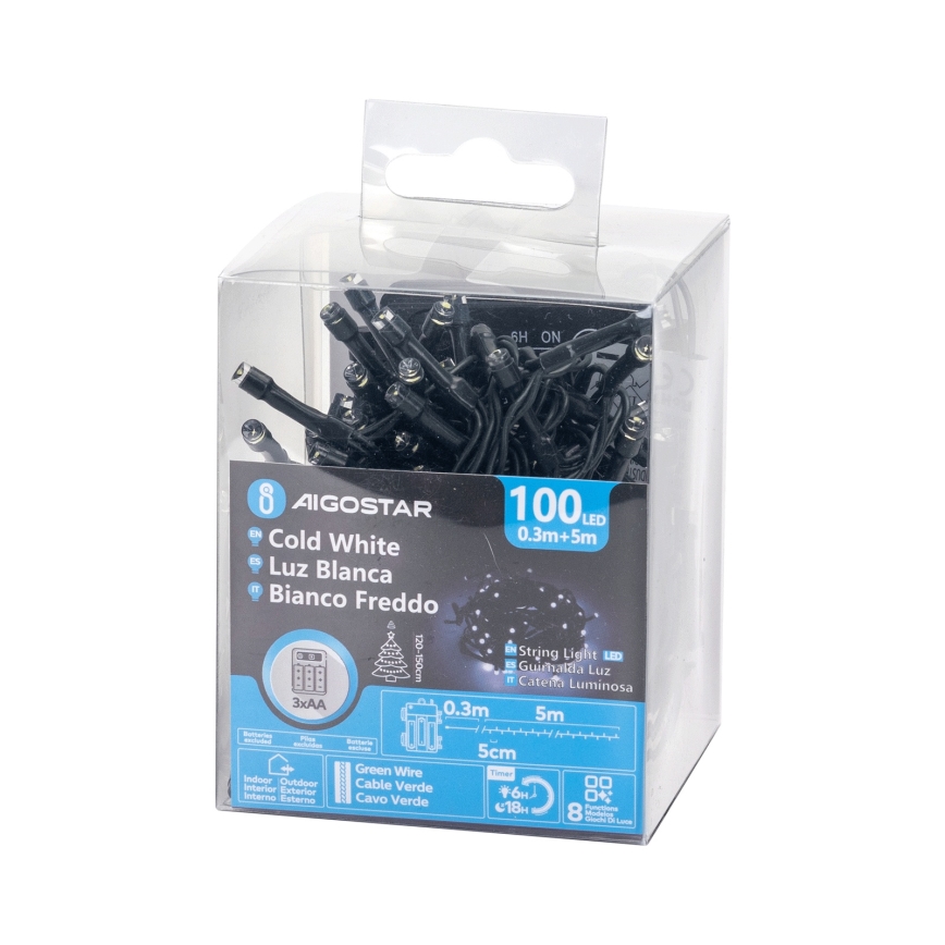 Aigostar - LED γιρλάντα εξωτερικού χώρου 100xLED/8 λειτουργίες 3xAA 5,3 m IP44 ψυχρό λευκό