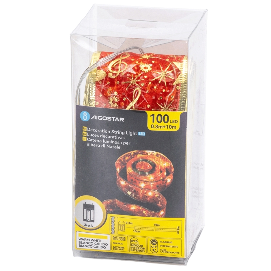 Aigostar - Γιρλάντα LED 100xLED/3xAA, 10 m, θερμό λευκό/κόκκινο