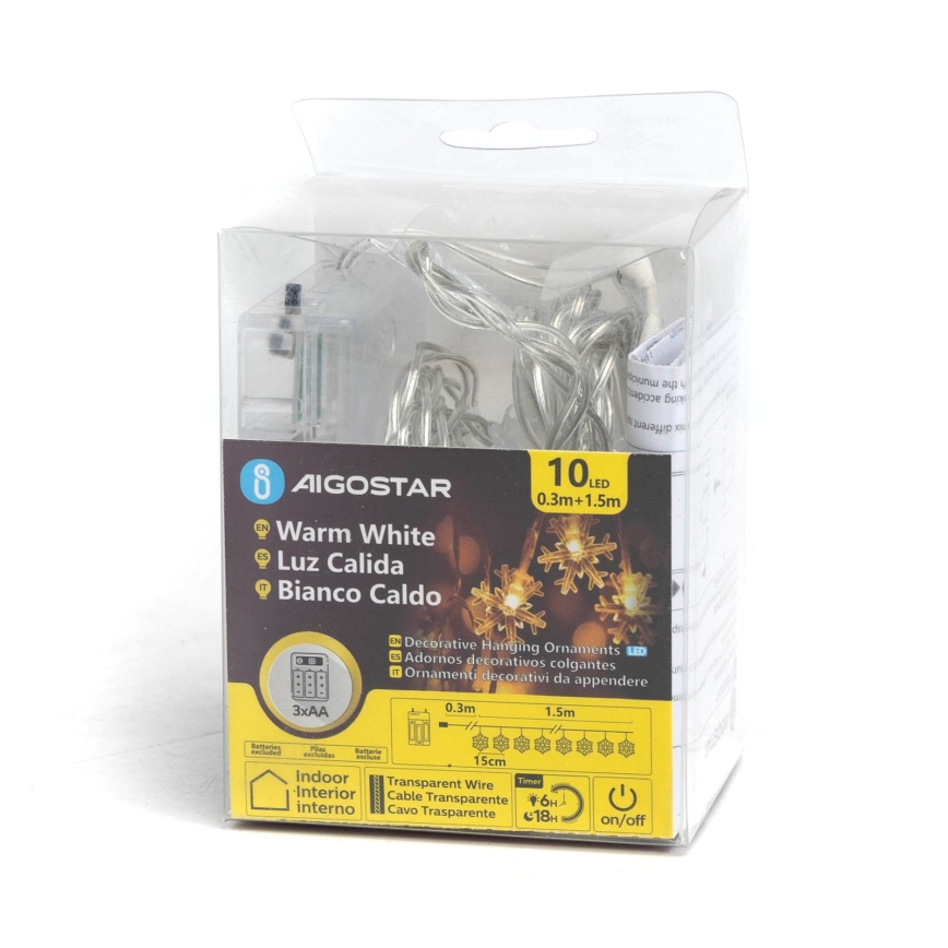 Aigostar - LED γιρλάντα 10xLED/3xAA 1,5m θερμό λευκό χιονονιφάδες