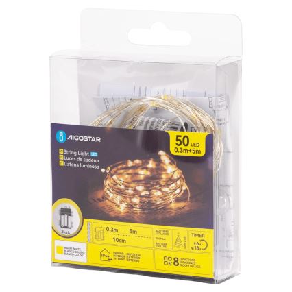 Aigostar - LED Εξωτερική γιρλάντα 50xLED/8 λειτουργίες 3xAA 5,3 m θερμό λευκό