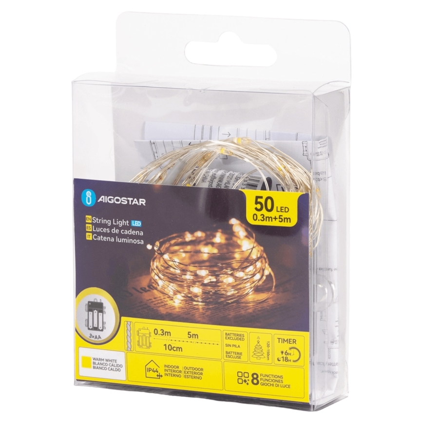 Aigostar - LED Εξωτερική γιρλάντα 50xLED/8 λειτουργίες 3xAA 5,3 m θερμό λευκό