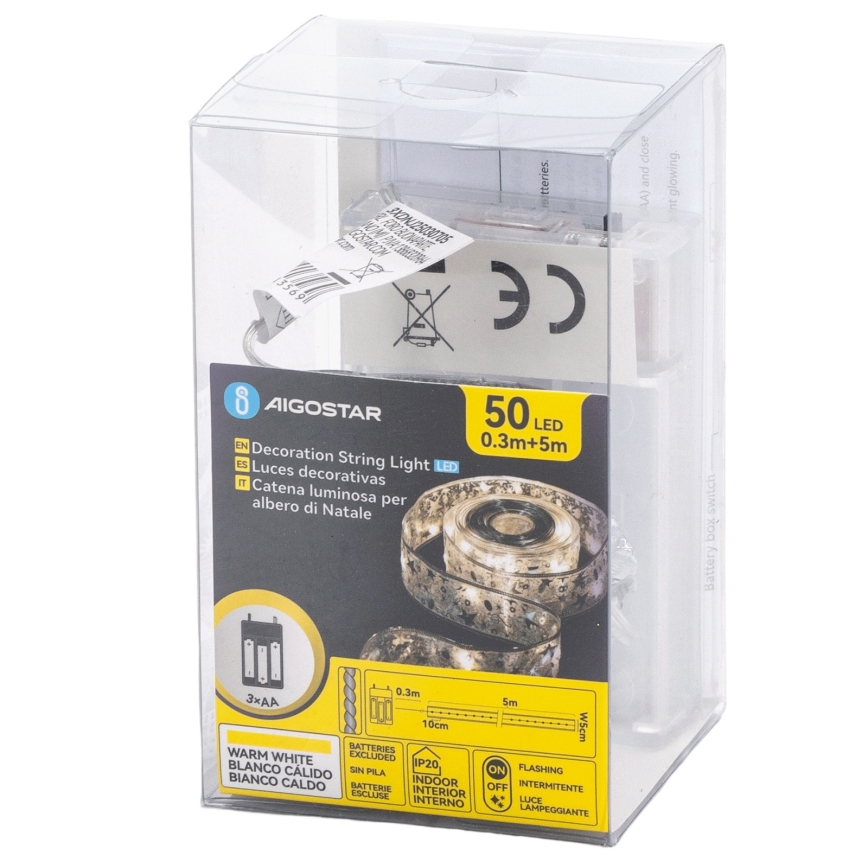Aigostar - LED γιρλάντα 50xLED/3xAA 5 m θερμό λευκό ασημί