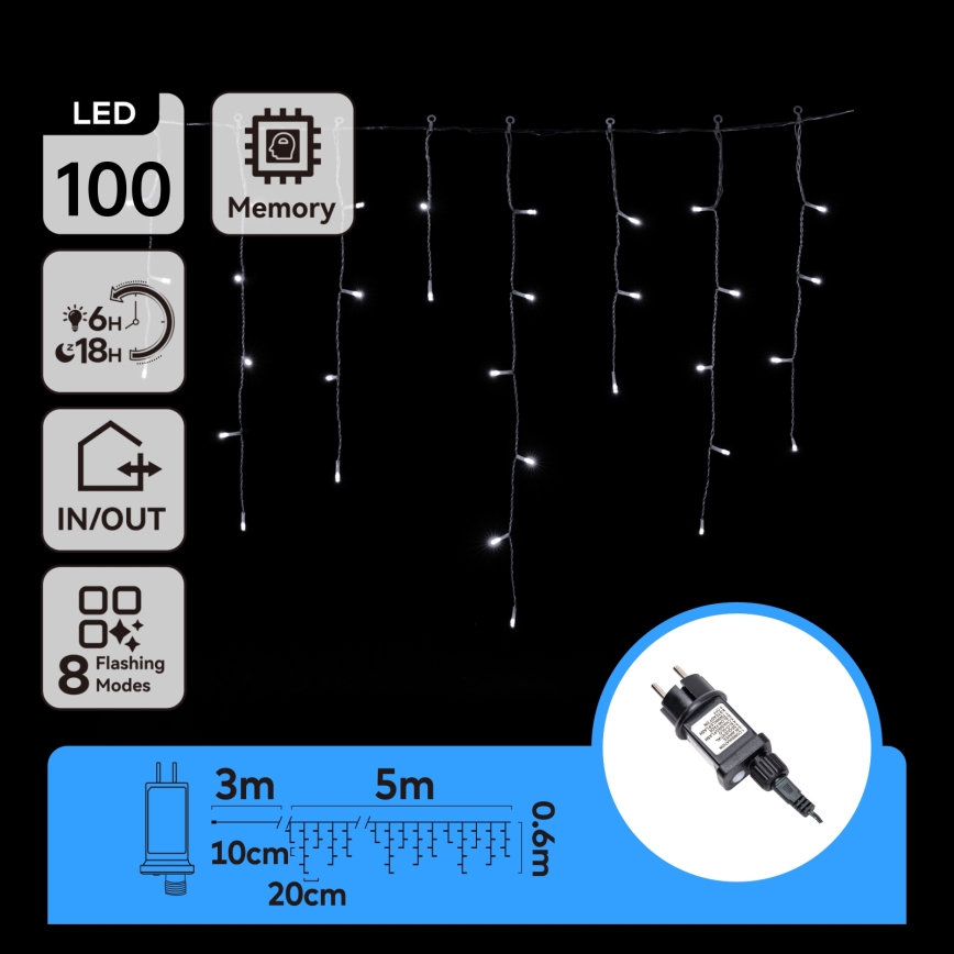 Aigostar - LED γιρλάντα για εξωτερικούς χώρους 100xLED/8 λειτουργίες 8x0,6m IP44 ψυχρό λευκό