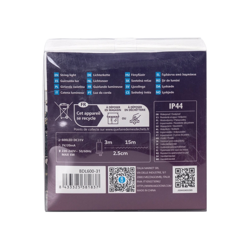 Aigostar - LED γιρλάντα για εξωτερικούς χώρους 600xLED/8 λειτουργίες 18m IP44 θερμό λευκό