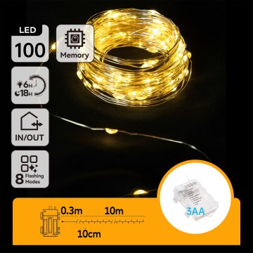 Aigostar - LED γιρλάντα εξωτερικού χώρου, 100× LED, 8 λειτουργίες, τροφοδοσία 3×AA, μήκος 10,3 m, IP44, θερμό λευκό