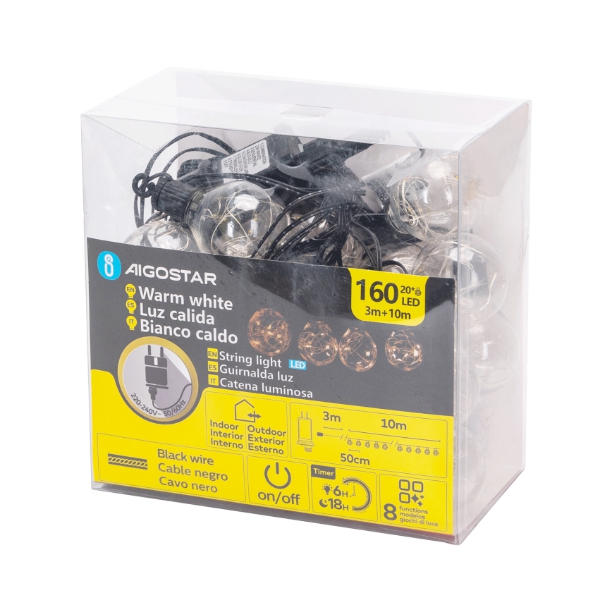 Aigostar - LED Εξωτερική διακοσμητική γιρλάντα 160 LED 10m IP44 θερμό λευκό