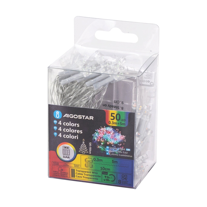 Aigostar - LED γιρλάντα εξωτερικού χώρου 50 LED/8 λειτουργίες 3xAA 5,3 m IP44 πολύχρωμη