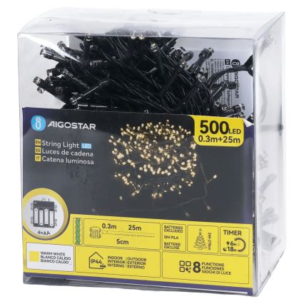 Aigostar - Εξωτερική LED αλυσίδα 500xLED/8 λειτουργίες 4xAA 25,3 m IP44 θερμό λευκό