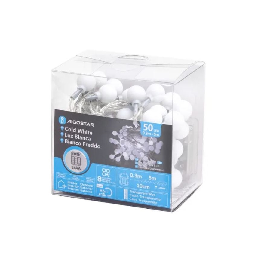 Aigostar - Εξωτερική LED γιρλάντα 50xLED/3xAA/8 λειτουργίες 5,3 m IP44 ψυχρό λευκό