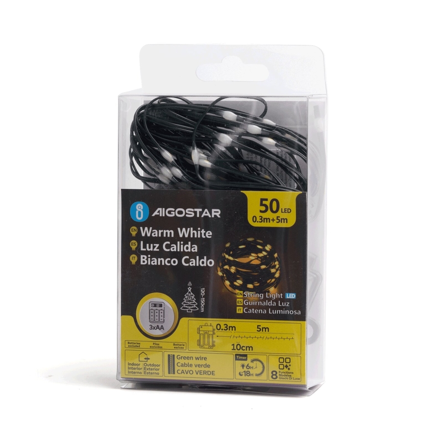 Aigostar - LED γιρλάντα εξωτερικού χώρου 50xLED/8 λειτουργίες 3xAA 5,3m IP44 θερμό λευκό
