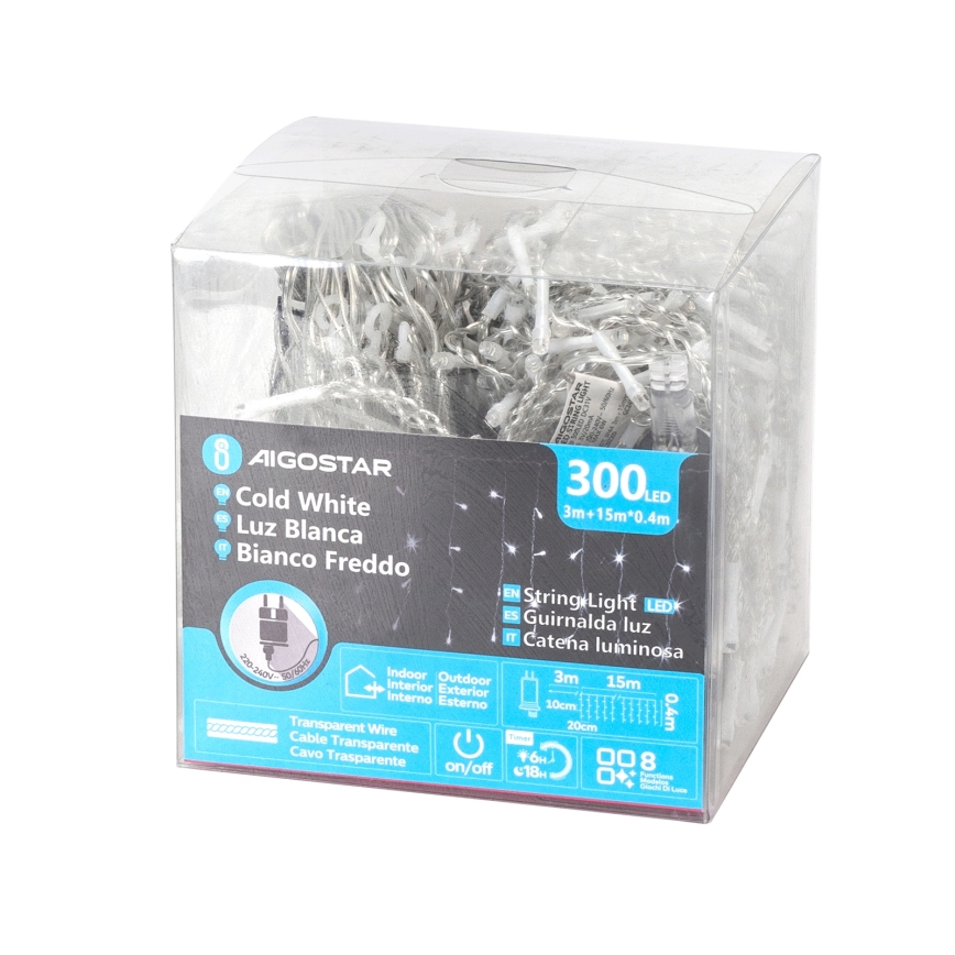 Aigostar - LED εξωτερική χριστουγεννιάτικη γιρλάντα 300xLED/8 λειτουργίες 15x0,4 m IP44 ψυχρό λευκό