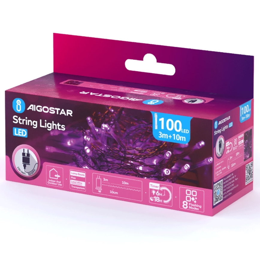 Aigostar - LED εξωτερικά χριστουγεννιάτικα φωτάκια 100 LED / 8 λειτουργίες 13 m IP44 ροζ