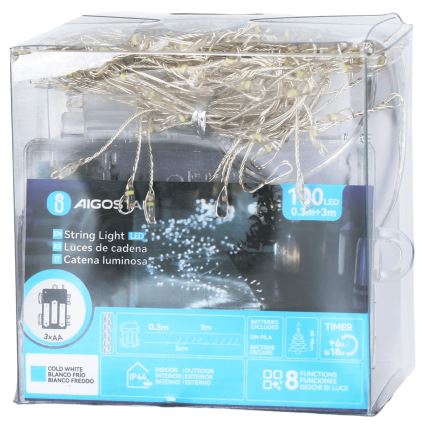 Aigostar - Εξωτερική χριστουγεννιάτικη γιρλάντα LED 100xLED/8 λειτουργίες 3xAA 3,3m IP44 ψυχρό λευκό