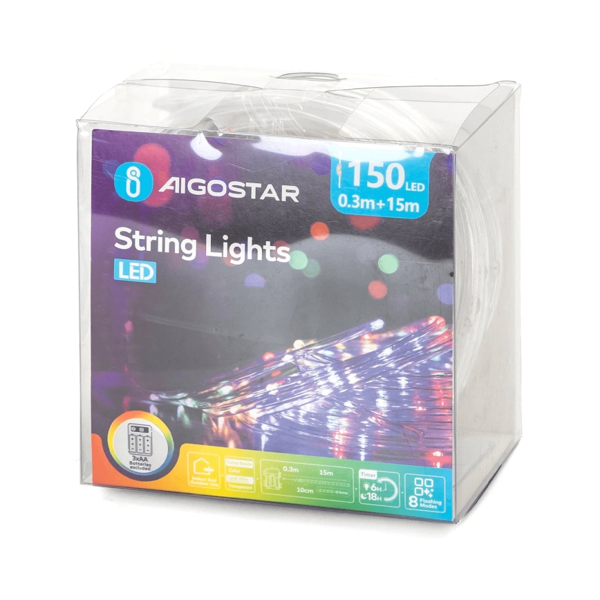 Aigostar - LED χριστουγεννιάτικη γιρλάντα εξωτερικού χώρου 150xLED/8 λειτουργίες 3xAA 15,3m IP44 πολύχρωμη