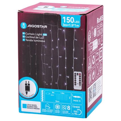 Aigostar - LED Εξωτερική χριστουγεννιάτικη γιρλάντα 150xLED/6W/230V/8 λειτουργίες 1,5x1m IP44 ψυχρό λευκό + τηλεχειριστήριο