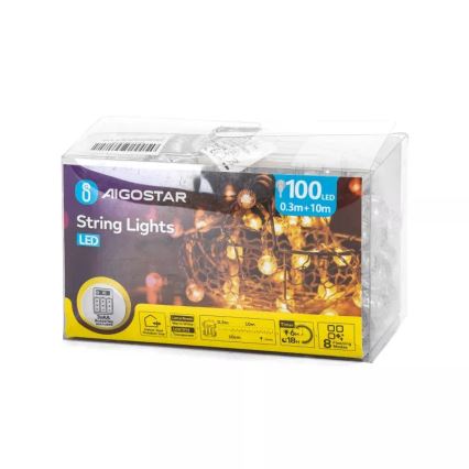 Aigostar - Αλυσίδα εξωτερικού χώρου LED 100xLED/3xAA/8 λειτουργίες 10,3 m IP44 θερμό λευκό
