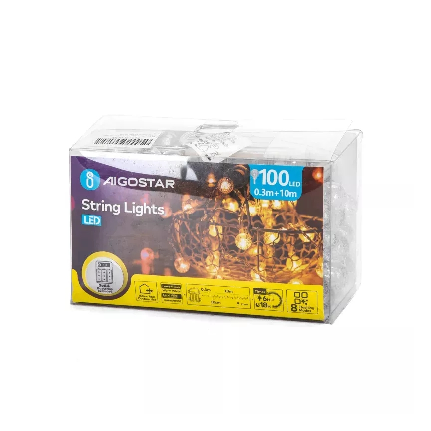 Aigostar - Αλυσίδα εξωτερικού χώρου LED 100xLED/3xAA/8 λειτουργίες 10,3 m IP44 θερμό λευκό
